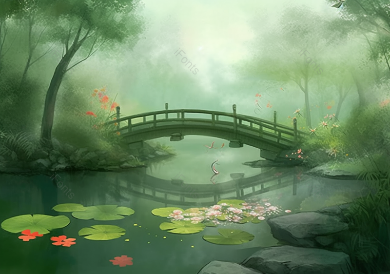 拱桥幽静山水池塘睡莲荷花手绘古风国风中国水墨风插画,插画/手绘图,插画/手绘图库,插画/手绘图下载,插画/手绘